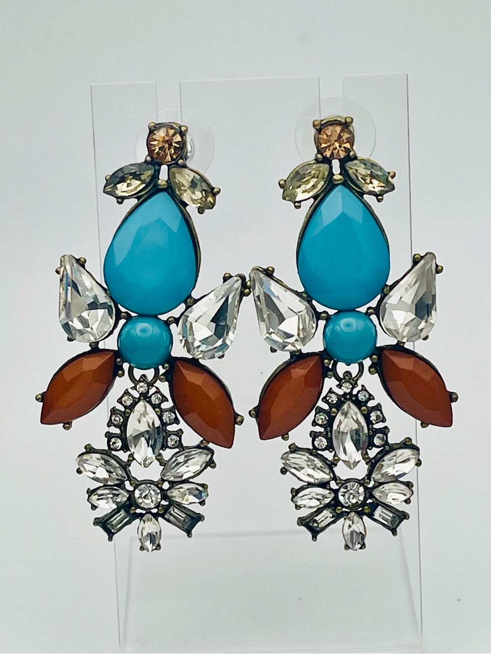 Blue Teardrop Statement Earrings, Brown and Clear Crystals-Women's Jewelry